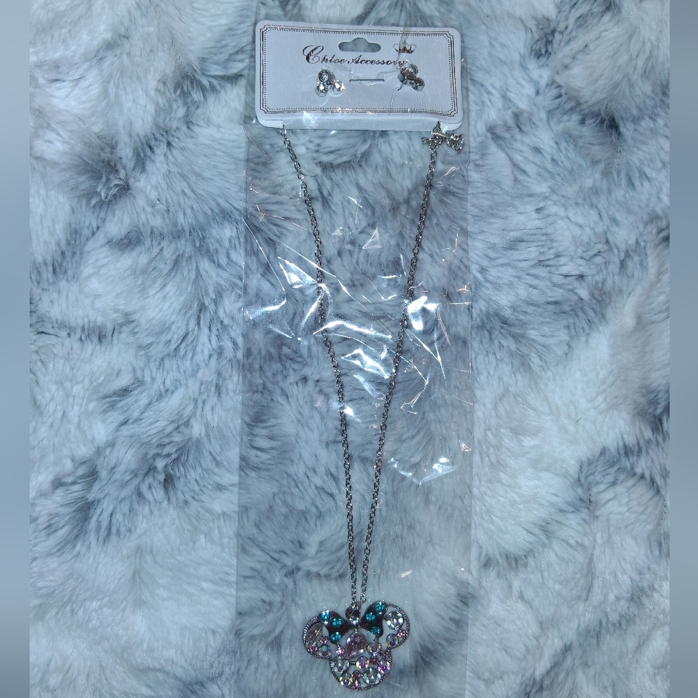 Silver and Pink And Blue Mouse Necklace And Earrings